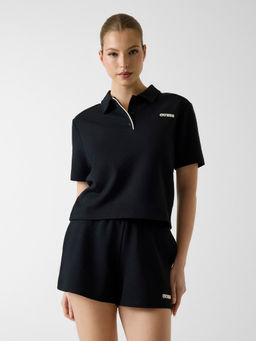 Guess - Women Black Solid/Plain Polyester Polo T-Shirt