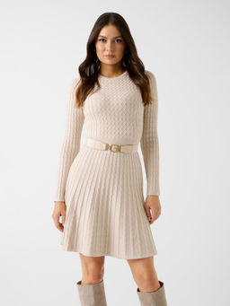 Guess - Women Beige Textured Viscose Dress with Belt