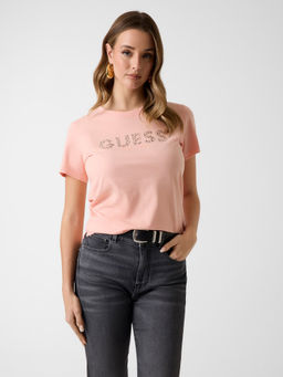 Guess - Women Peach Embellished/Sequined Pure Cotton T-Shirt