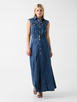 Guess - Women Blue Solid/Plain Pure Cotton Dress
