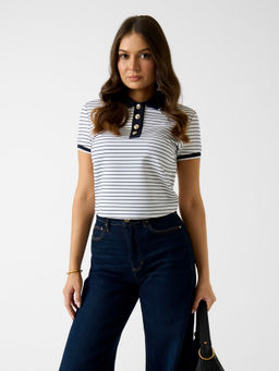 Guess - Women White Stripes Viscose Polo T-Shirt