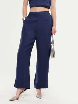 RAREISM - Women Navy Blue Solid/Plain Nylon Blended Trouser