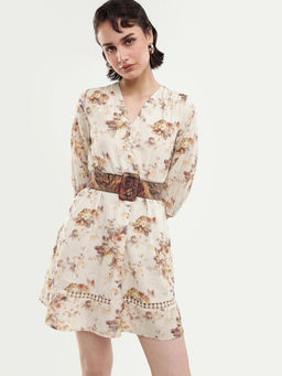 RAREISM - Women Beige Floral Cotton Dress with Belt