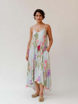 Sleeplove - Women Blue Silk Floral Dress