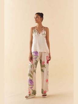 Sleeplove - Women Ivory Silk Blend Floral Top with Pant