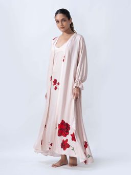 Sleeplove - Women Pink Silk Floral Slip with Robe
