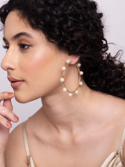 Indya - Gold Pearl Studded Half Hoop Earrings
