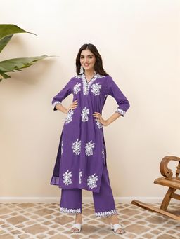 ISHIN - Lilac Floral Embroidered Cotton Straight Kurta with Solid Pant (Set of 2)