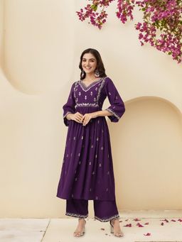 ISHIN - Purple Floral Embroidered A-Line Anarkali Kurta with Solid Pant (Set of 2)