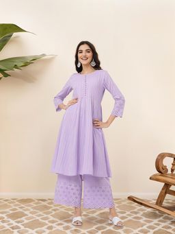 ISHIN - Cotton Schiffli Lavender Anarkali Kurta with Palazzo (Set of 2)
