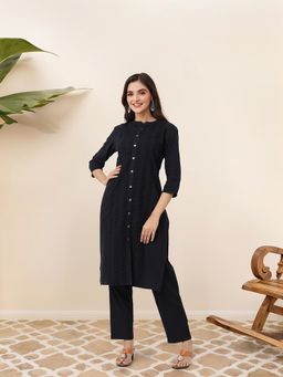 ISHIN - Black Cotton Schiffli Straight Kurta with Solid Pant (Set of 2)