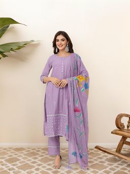 ISHIN - Floral Embroided Green Kurta with Pant and Dupatta (Set of 3)