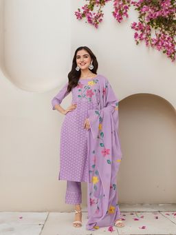 ISHIN - Purple Floral Printed Kurta with Solid Pant and Dupatta (Set of 3)