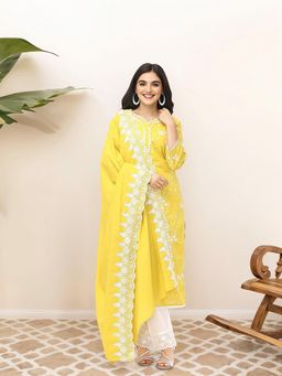 ISHIN - Floral Thread work Yellow Cotton Kurta with Pant and Dupatta (Set of 3)