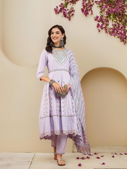 ISHIN - Floral Embroided A-Line Anarkali Kurta with Pant and Dupatta (Set of 3)
