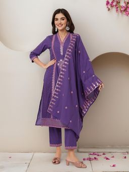 ISHIN - Floral Embroidered Straight Kurta with Pant and Dupatta (Set of 3)