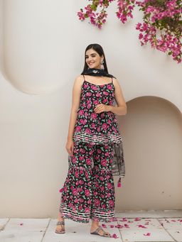 ISHIN - Floral Printed Sleeveless Kurta with Sharara and Dupatta (Set of 3)