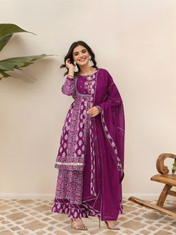 ISHIN - Purple Floral Printed A-Line Kurta with Sharara and Dupatta (Set of 3)