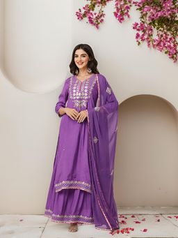 ISHIN - Purple Gotta Patti Detail Straight Kurta with Sharara and Dupatta (Set of 3)
