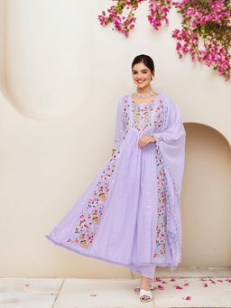 ISHIN - Floral Embroidered A-Line Anarkali Kurta with Pant and Dupatta (Set of 3)