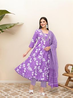 ISHIN - Purple Floral Printed A-Line Anarkali Kurta with Pant and Dupatta (Set of 3)