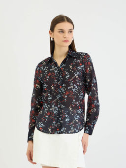 GANT - Women Black Floral Spread Collar Full Sleeves Shirt