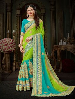Manohari - Green and Blue Designer Heavy Embroidery Saree with Unstitched Blouse