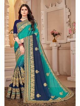 Manohari - Turquoise and Navy Blue Designer Heavy Embroidery Saree with Unstitched Blouse
