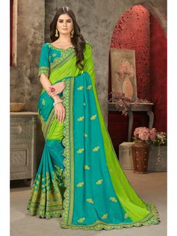 Manohari - Turquoise and Green Colorblock Brocade Designer Saree with Unstitched Blouse