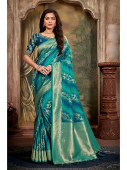 Manohari - Womens Banarasi Silk Woven Turquoise Saree with Unstitched Blouse