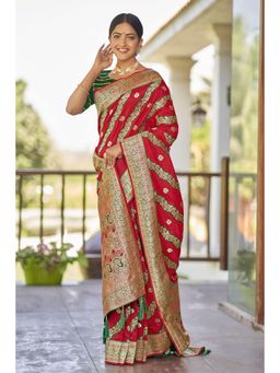 Manohari - Women Designer Woven Work Red Saree with Unstitched Blouse