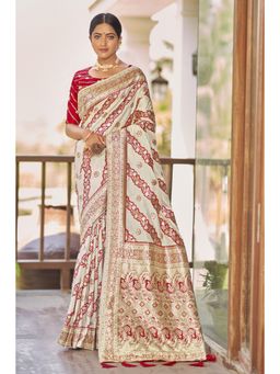 Manohari - Women Designer Woven Work White Saree with Unstitched Blouse