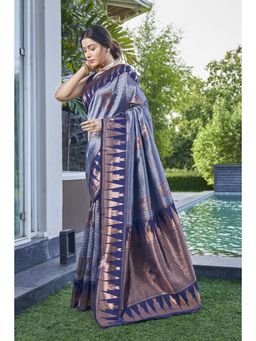 Manohari - Women Navy Blue Banarasi Silk Zari Woven Saree with Unstitched Blouse