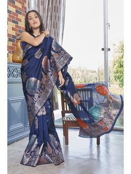 Manohari - Most Trendy Navy Blue Banarasi Silk Zari Woven Design Saree with Unstitched Blouse