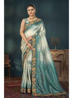 Manohari - Teal Designer Woven Embroidered Saree with Unstitched Blouse