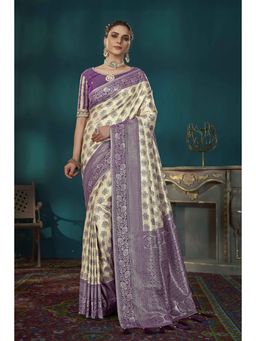 Manohari - Purple and Beige Banarasi Silk Woven Saree with Unstitched Blouse