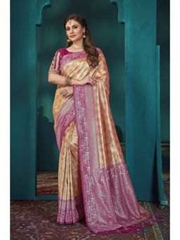 Manohari - Trendy Beige and Purple Banarasi Silk Woven Saree with Unstitched Blouse