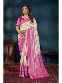 Manohari - Beige and Pink Banarasi Silk Woven Saree with Unstitched Blouse