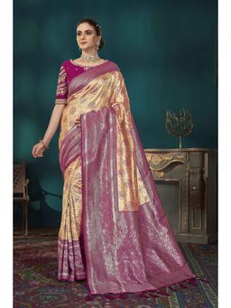 Manohari - Beige and Purple Banarasi Silk Woven Tassels Saree with Unstitched Blouse
