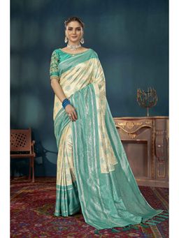 Manohari - Beige and Turquoise Woven Banarasi Silk Saree with Unstitched Blouse