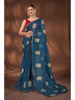 Manohari - Navy Blue Soft Organza Embroidered Saree with Unstitched Blouse