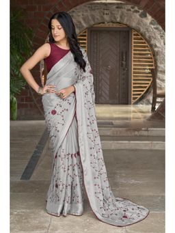 Manohari - Grey Poly Georgette Embroidered Saree with Unstitched Blouse