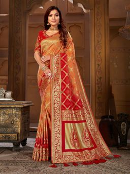 Manohari - Womens Yellow and Red Woven Saree with Unstitched Blouse