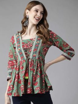 Rain & Rainbow - Women Green & Red Gather A-line Print Top
