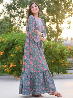 GULABI DORI - Green and Pink Handblock Dress