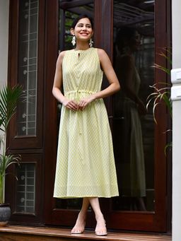 GULABI DORI - Yellow Handblock Cut Sleeves Dress with Lining