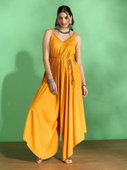 Globus - Women Mustard Embroidered Shoulder Straps Strappy Sleeve Waist Tie-Up Fusion Jumpsuit
