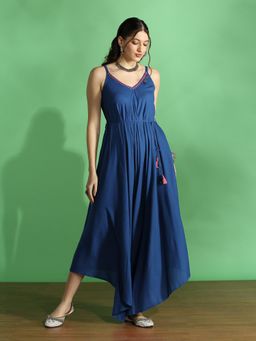 Globus - Women Indigo Embroidered Shoulder Straps Strappy Sleeve Waist Tie-Up Fusion Jumpsuit