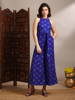 Globus - Women Blue Halter Neck Embroidered Detail Tribal Print Belted Fusion Jumpsuit