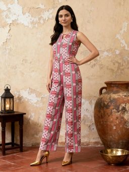 Globus - Women Pink Round Neck Sleeveless Ethnic Print Straight Fit Fusion Jumpsuit